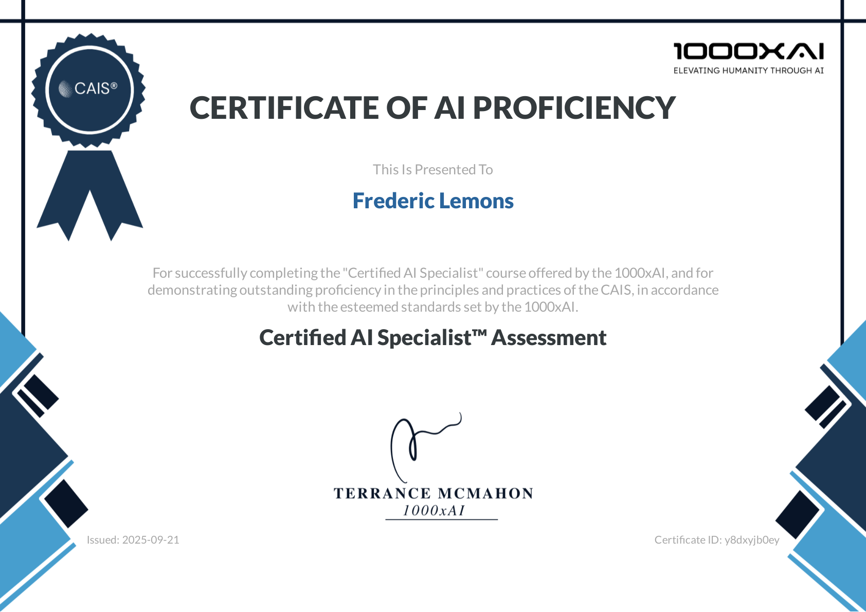 Frederic Lemons - Certified AI Specialist
